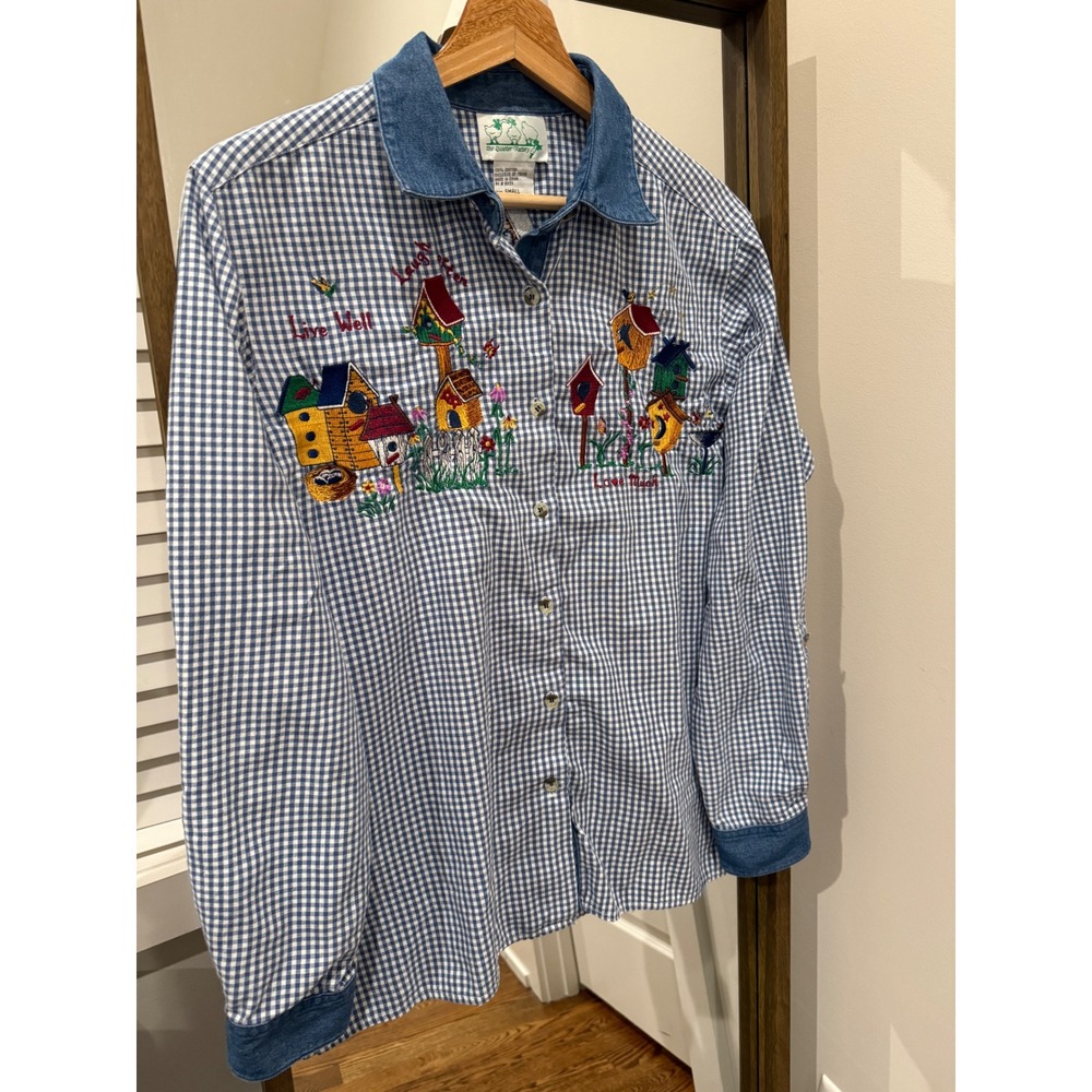 The Quacker Factory Blue Gingham Embroidered Birdhouse Shirt Women's Small